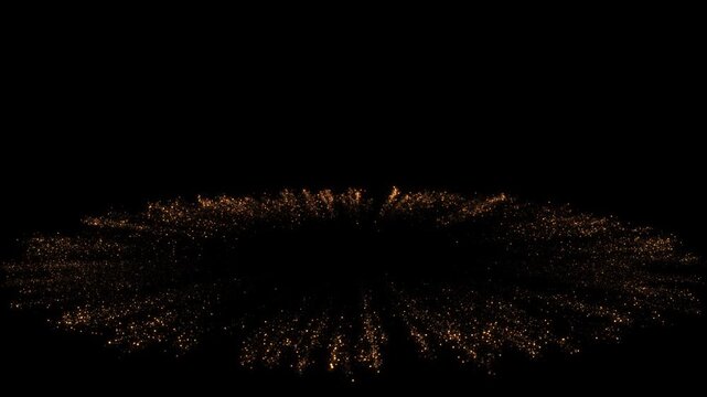 Fine gold particle lines create wide circular sunburst open dark center, bright dots extending frame. premium introductions, festive announcements, brand reveals, event titles, elegant visual effects.
