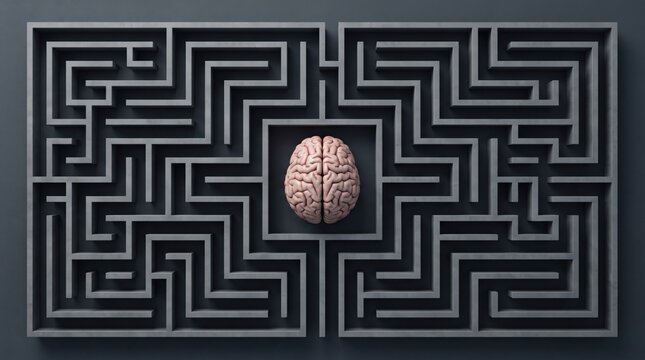 Human brain positioned inside a complex maze, symbolizing mental challenges, problem solving, decision making, cognitive processes, psychology, intelligence and navigating difficult situations