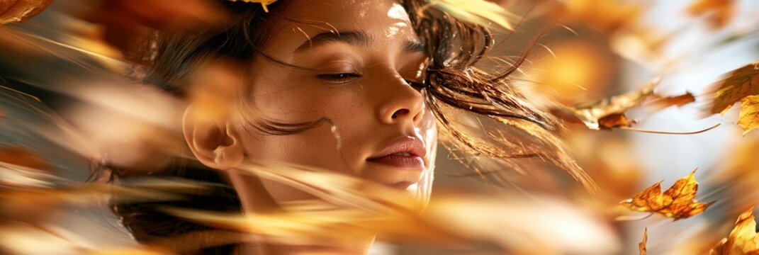 Woman's face through falling autumn leaves, dreamy motion blur concept