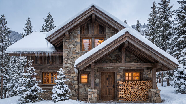 Rustic Mountain Ski Chalet Exterior 3D Render &ndash; Snow-Covered Stone and Timber Cabin