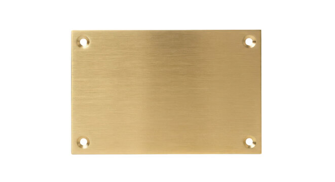Rectangular brushed brass metal plate with four corner screw holes isolated on white