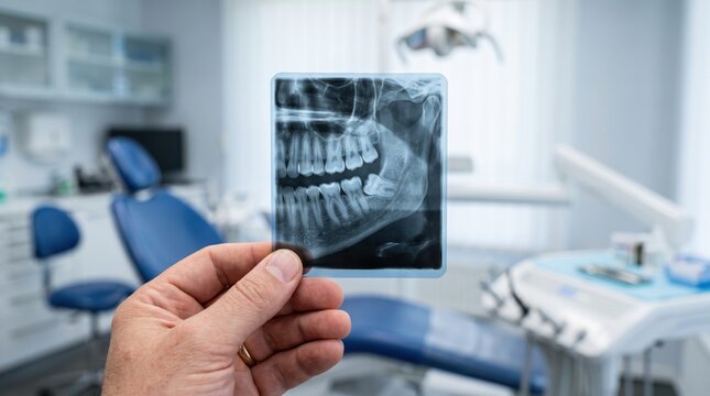 Dental X-ray showing a horizontally impacted lower wisdom tooth, held by a dentist in a modern clinic, illustrating tooth impaction, oral diagnosis, dental examination and treatment planning