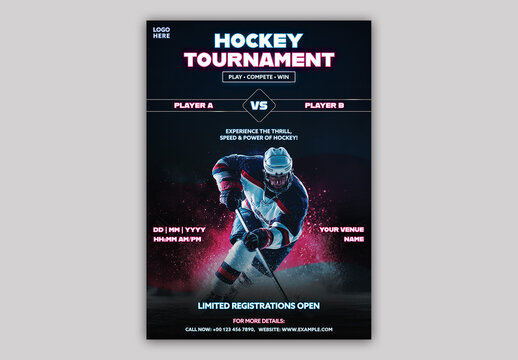 Editable Ice Hockey Tournament Flyer Template Design with Player Action and Venue Detail.