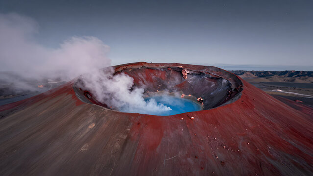 Volcanic crater with steam rising over blue pool