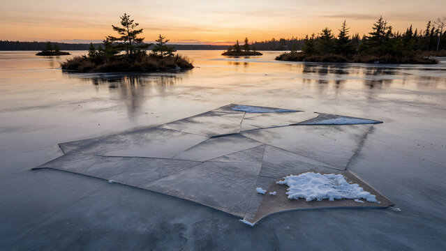 Ice covered frozen lake at sunrise with distant trees