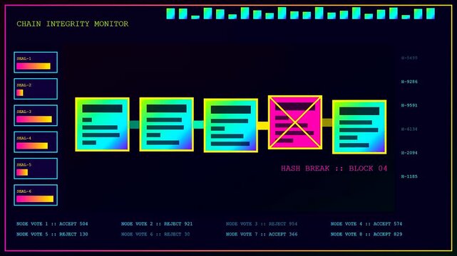 Ai fraud detection displays on digital interface screens showing visual chain blocks with failed verification status and various data node voting results in dark room