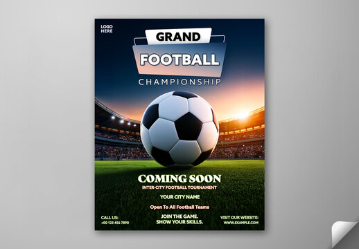 Editable Football Championship Social Media Post Template Design with Ball in Sunset Stadium.