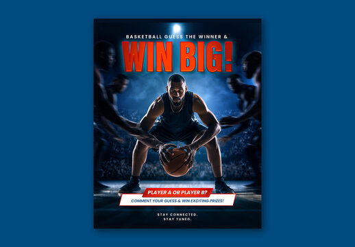 Editable Basketball Guess Winner Match Social Media Post Template Design with Professional Players at Dark Stadium.
