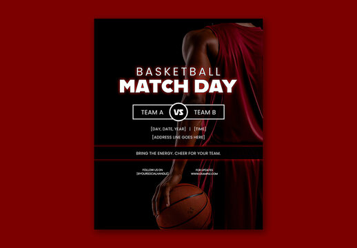 Editable Basketball Match Day Social Media Post Template Design with Basketballer and Venue Detail.