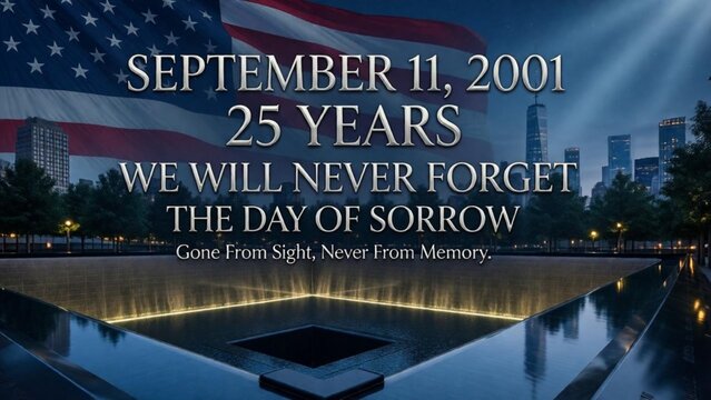 September 11 memorial tribute with American flag and reflective water pool at night.