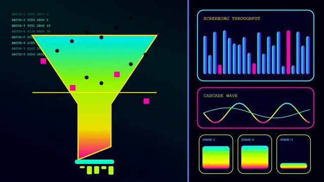 Complex AI fraud detection process visualized with glowing gradient funnel shapes and digital data streams on a dark screen showing analytical charts and wave pattern monitors