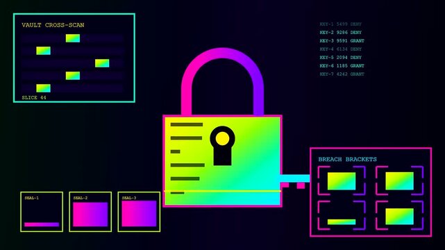 Digital ai fraud detection systems monitor graphical padlock interfaces with scrolling text data and glowing brackets displayed on a dark virtual space for secure network monitoring