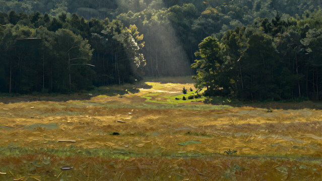 Sunlight breaks through forest canopy onto marshland