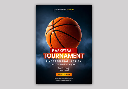 Editable Basketball Tournament Flyer Template Design with Basketball on Dark Smoky Background.