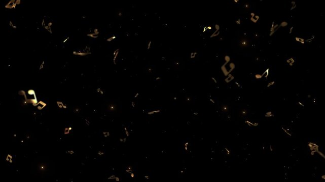 Shimmering note appear at varied depths amber bokeh light particles across black, musical atmosphere. podcast intros, dance events, audio branding, performance titles, lyric creative media projects.