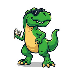 Obraz premium Cool Green Cartoon Dinosaur Character Holding Smartphone with Confident Pose.