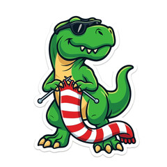 Obraz premium Cute Green Dinosaur Wearing Red White Striped Shorts.