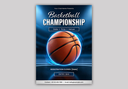Editable Basketball Championship Flyer Template Design in Blue Color with Venue Details.