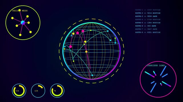 Digital ai fraud detection systems monitor global network traffic patterns through moving light nodes and rotating spherical grid wireframes rendered in dark purple neon aesthetic light