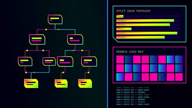 Digital ai fraud detection systems displayed on a dark glowing monitor showing tree network diagrams and data flow graphs with animated nodes and bars