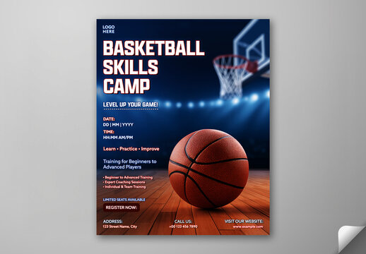 Editable Basketball Skills Camp Social Media Post Template Design in Blue Color with Venue Details.