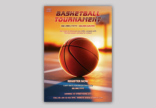 Editable Basketball Tournament Flyer Template Design with Ball in Sunshine Court.