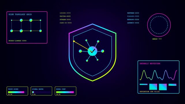 Digital displays showing ai fraud detection interface with glowing shield icons and rhythmic signal waveforms in dark blue environment capturing continuous system data monitoring process flow