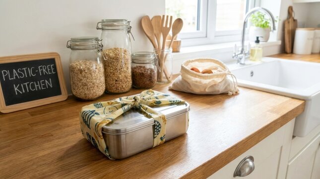 reusable fabric wrapping Plastic-free kitchen setup with reusable containers and eco-friendly items.
