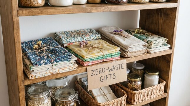 reusable fabric wrapping Zero waste gifts displayed on wooden shelves with natural packaging.