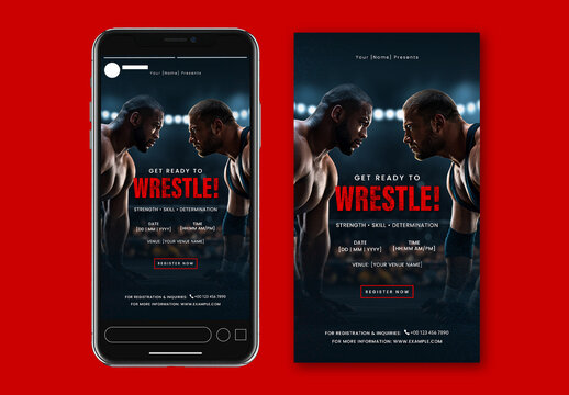 Editable Get Ready To Wrestle Social Media Story Template Design and Venue Detail in Smartphone Screen.