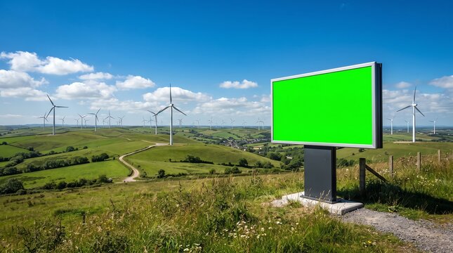 Blank green screen billboard on a wind farm, outdoor advertising mockup in a sustainable energy landscape, large digital signage display
