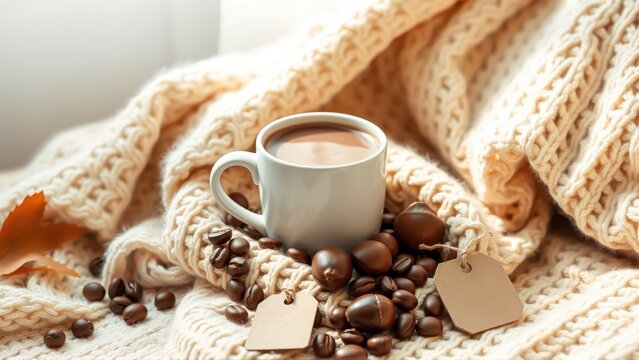 Cozy scene features coffee cup, beans, knit blanket. Autumn leaves suggest warmth, relaxation, comfort during colder months.