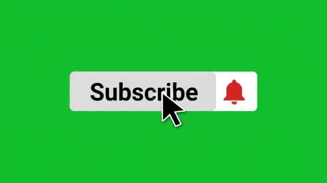 Mouse cursor clicking on a YouTube-style subscribe button with a notification bell on a green screen background.