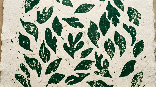 Abstract texture background with scattered hand stamped lino block print organic leaf shapes in deep forest green and warm ivory on rough textured paper. Handmade print art for branding d...