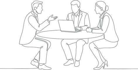 Fototapeta premium Three people in business attire in a meeting around a table with a