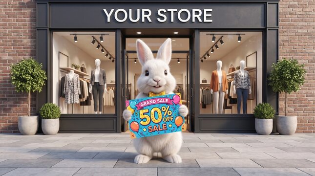 A cute white rabbit holding a grand sale sign in front of a modern clothing store with brick walls with commercial