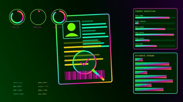 Digital ai fraud detection systems monitor identification documents on a dark screen with glowing neon interface panels showing complex data metrics and verification process status