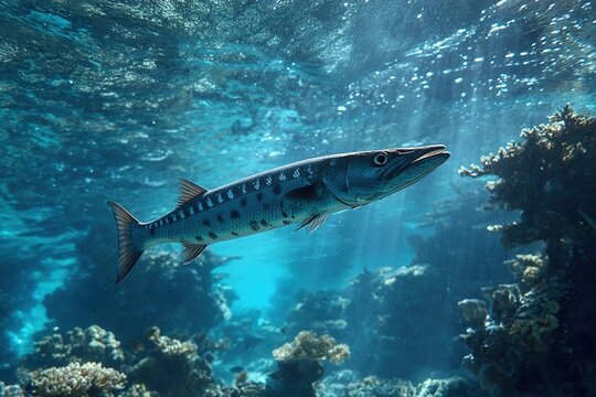 sleek barracuda swimming fast in coral reef shadows