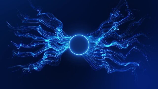 Electric blue strands luminous particles flow glowing deep navy background, visualization of energy, data connectivity. technology intros, AI presentations, music visuals, branding broadcast motion.