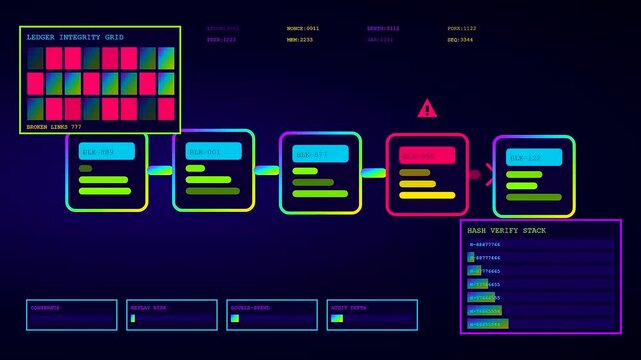 Digital displays showing ai fraud detection monitoring blockchain sequences with animated red and green data grids and glowing interface panels in a dark computing environment