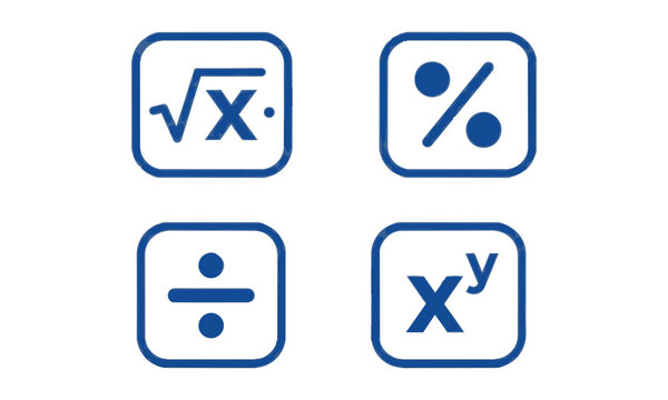 Stylized mathematical function icons with square root, percentage, division, and exponent symbols in rounded square frames on a white background, educational interface concept