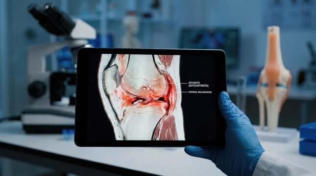 Cartilage health analysis: reveal arthritis, analyze arthrosis, study osteoarthritis, evaluate osteoarthrosis, detect inflammation, show disease, hand grasp, tablet screen, knee diagram.