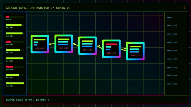 Data streaming in an ai fraud detection interface showing digital block movement across a dark monitor with neon grid lines and shifting status bar alerts