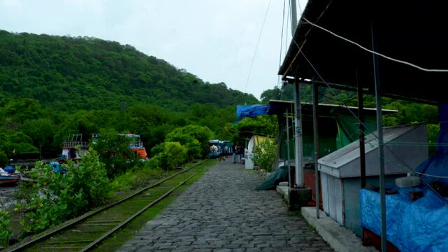 28 August 2026- Elephanta Island, Maharashtra, India: Local tourist transportation near the Elephanta Caves during the monsoon season.