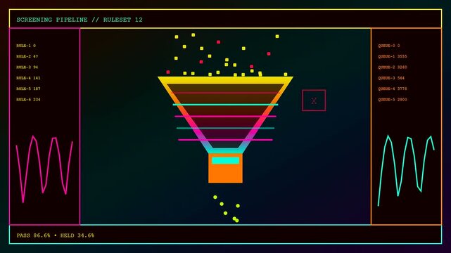 Digital ai fraud detection visualization displayed on a monitor screen with moving colorful cubes falling through a glowing funnel shaped data processing architectural interface system