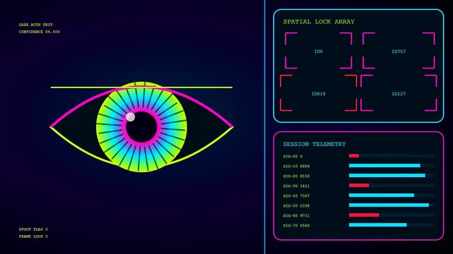 Digital ai fraud detection systems monitor biological iris patterns on a glowing neon screen as data metrics flicker across the interface in a rapid sequence