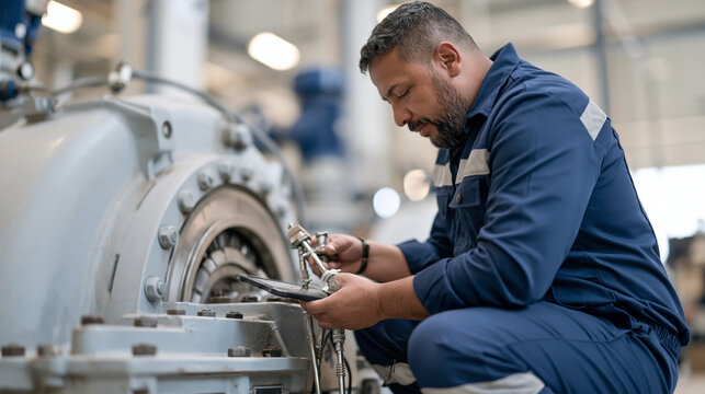 A Moroccan plant reliability engineer crouches beside a large industrial pump, attaching vibration monitoring sensors while reviewing historical bearing failure data on a