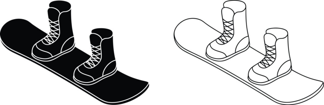 Snowboard and boots icons in black silhouette and outline art styles for winter sports, snowboarding, equipment, recreation, and vector design.