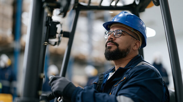 Tall bearded man operating a reach-stacker forklift inside a cold storage distribution center, moving pallets of perishable goods between refrigerated bays as logistics workers in