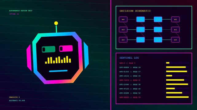 Digital ai fraud detection systems monitor data streams in this graphical interface featuring glowing robot faces with colorful neon lines and abstract node network diagrams